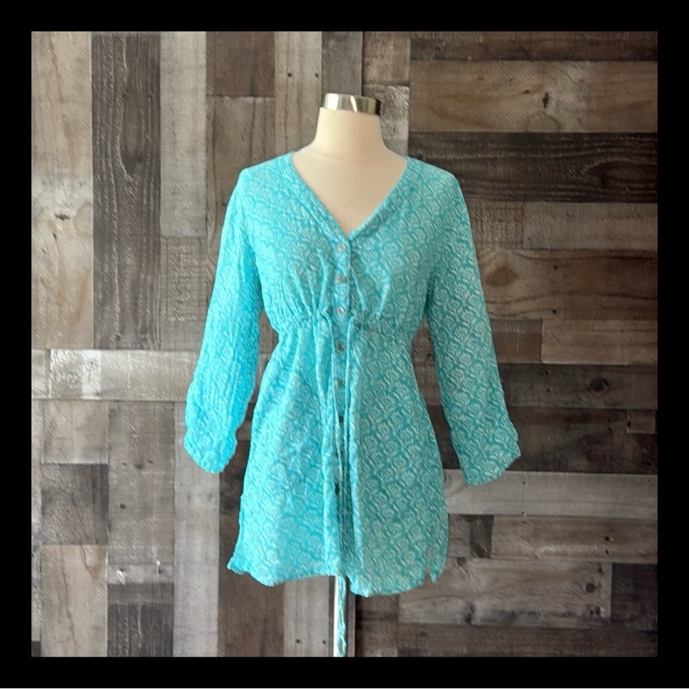 Fresh Produce teal button down long sleeve dress XSmall tropical floral beach